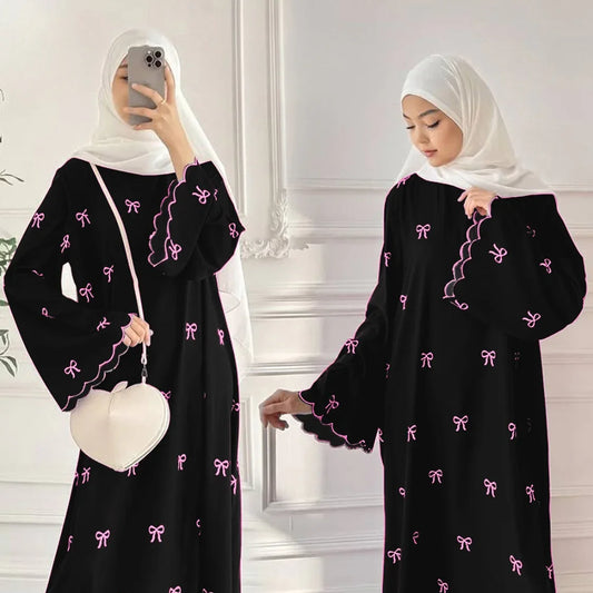 Bow Embroidered Georgette Abaya | Elegant Front Bow Design - The Storvia Designers