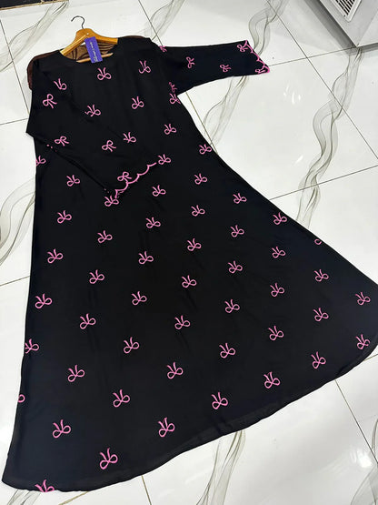 Bow Embroidered Georgette Abaya | Elegant Front Bow Design - The Storvia Designers