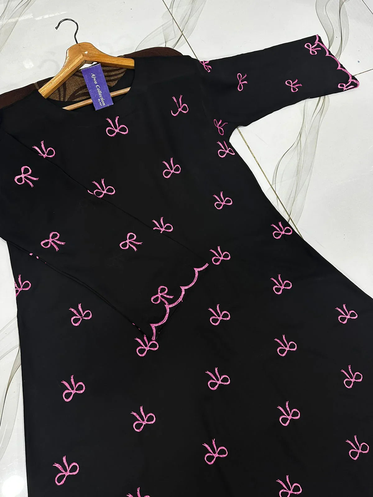 Bow Embroidered Georgette Abaya | Elegant Front Bow Design - The Storvia Designers