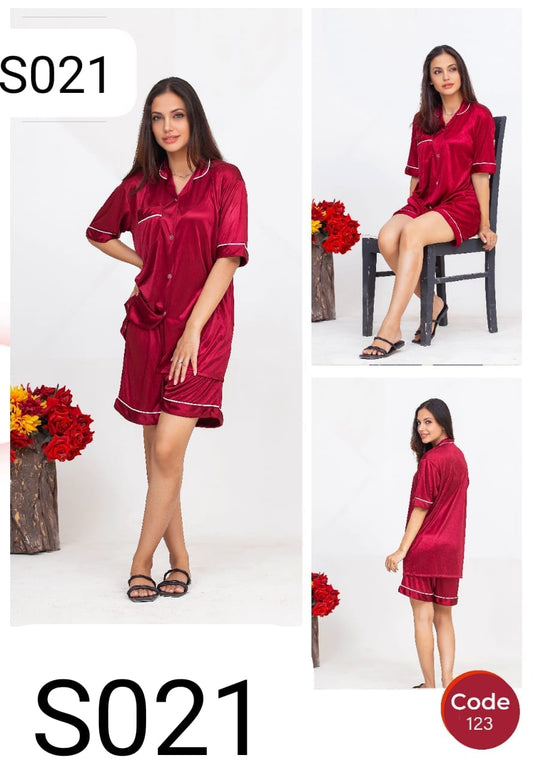 Women’s Pipin Silk Night Suit Set (Shirt & Shorts) - The Storvia Designers