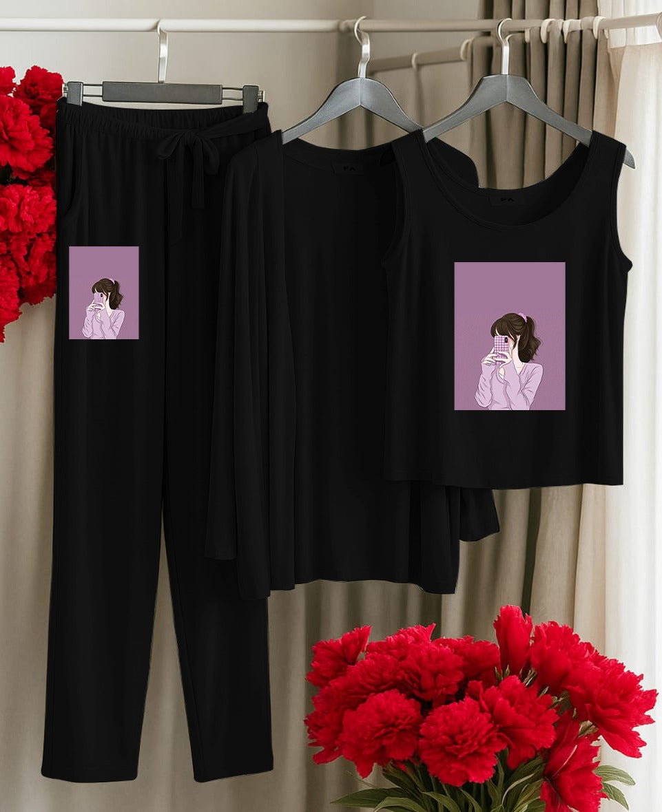 3-Piece Printed Night Suit – Cotton Jersey